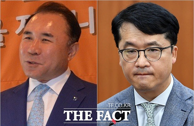 bhc에 따르면 법원이 18일 BBQ가 박현종 bhc 회장을 상대로 제기한 71억 원 규모의 손해배상 청구를 기각했다고 밝혔다. 사진은 윤홍근 제너시스BBQ 회장(왼쪽)과 박현종 bhc 회장. /더팩트 DB