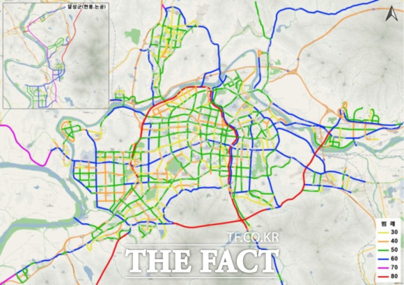 대구시와 대구경찰청은 안전속도 5030을 위해 지난해 9월 대구 지역 269개 도로에 대한 제한속도를 확정해 올해 1~3월 속도표지판, 노면표시 등 교통안전시설물 정비 후 오는 4월부터 도로 차량속도 제한을  시행한다. 안전도시 5030 시행도면/ 대구시 제공