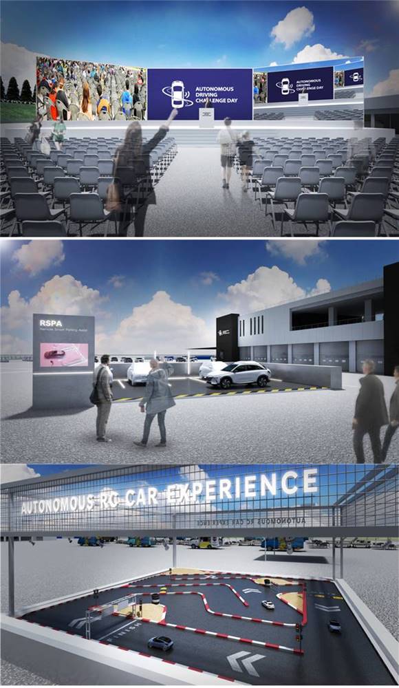 서울시는 현대자동차와 업무협약을 체결하고 10월에 열리는 2021년 자율주행 챌린지를 위해 인프라 및 행정 지원에 나선다. 사진은 본선대회 행사장, 자동주차 시연장, RC카 자율주행 체험 예시도(위부터)의 모습. /서울시 제공