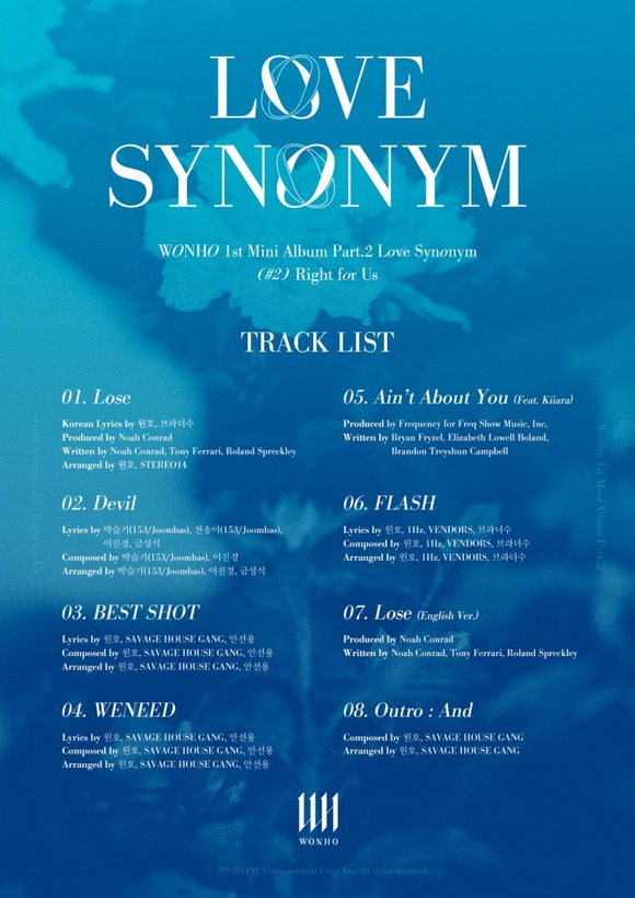 원호가 새 앨범 Love Synonym #2 : Right for Us 트랙리스트를 공개했다. 그는 수록곡 Ain’t About You를 통해 미국의 싱어송라이터 키아라와 호흡을 맞췄다. /하이라인엔터 제공