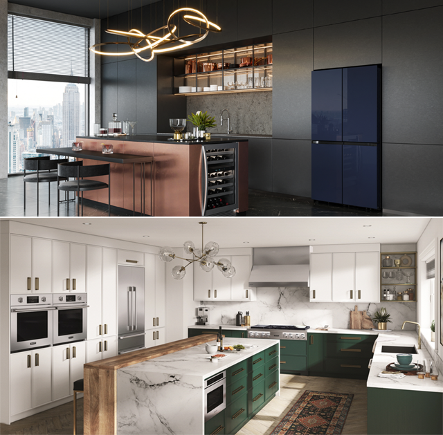 삼성전자와 LG전자가 온라인으로 개최되는 북미 최대 주방·욕실 전시회인 KBIS 2021에 참가한다고 9일 밝혔다. 사진은 삼성 맞춤형 냉장고 비스포크 4D 플렉스 미국향 신제품(위)과 LG전자 초프리미엄 빌트인 시그니처 키친 스위트. /삼성·LG전자 제공