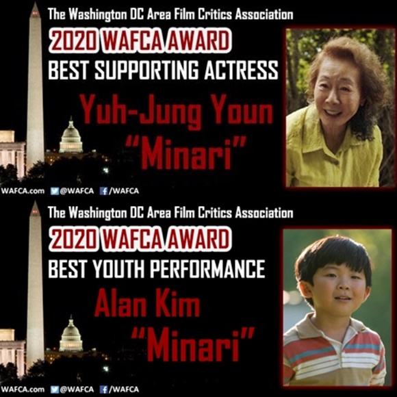 미나리가 워싱턴 DC 비평가협회에서 여우조연상, 아역배우상을 수상했다. 이로써 윤여정은 미국 연기상 21관왕을 달성하는 쾌거를 달성했다. /워싱턴 DC 비평가협회 트위트 캡처