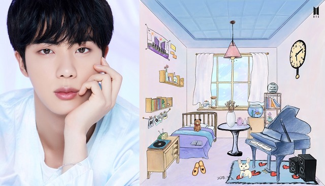 방탄소년단 진이 강아지와 피아노를 아미의 방에 놓았다. 이로써 멤버들이 함께 꾸민 아미의 방이 완성됐다. /빅히트 제공