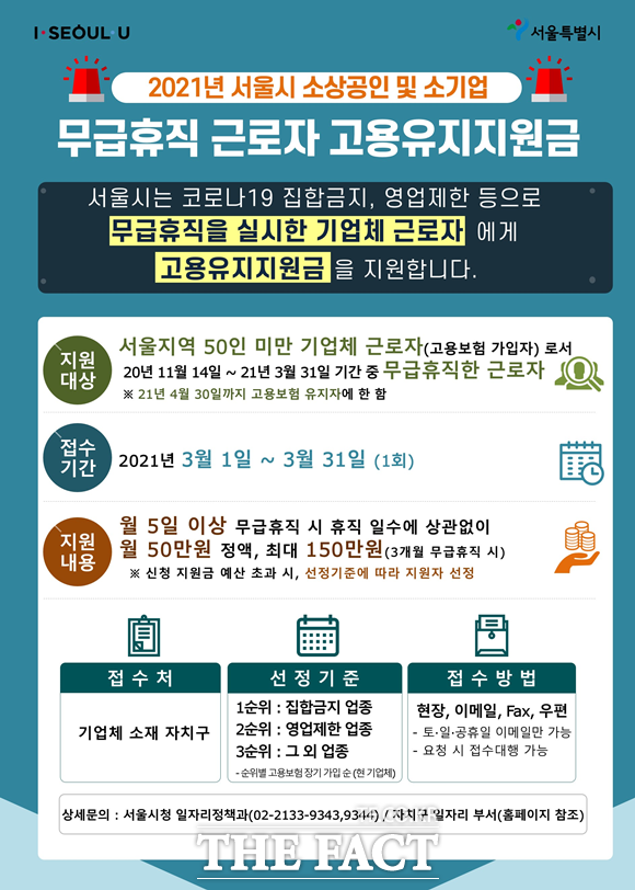 서울시가 신종 코로나바이러스 감염증(코로나19) 사태로 피해를 입은 소상공인 및 소기업 노동자를 대상으로 최대 150만원의 무급휴직 지원금을 지급한다. /서울시 제공