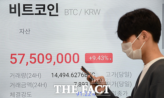 비트코인 시세가 변동성을 보이고 있는 24일 오전 서울 마포구의 한 사무실에 비트코인 가격이 표시되고 있다. /이동률 기자