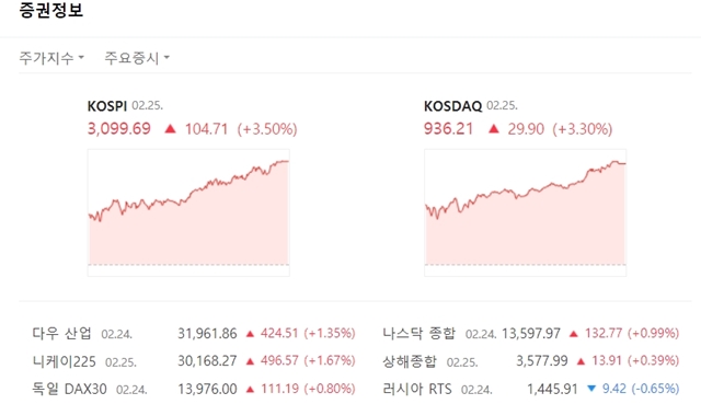 코스닥 지수는 전장대비 29.90포인트(+3.30%) 오른 936.21에 마쳤다. /네이버 캡처