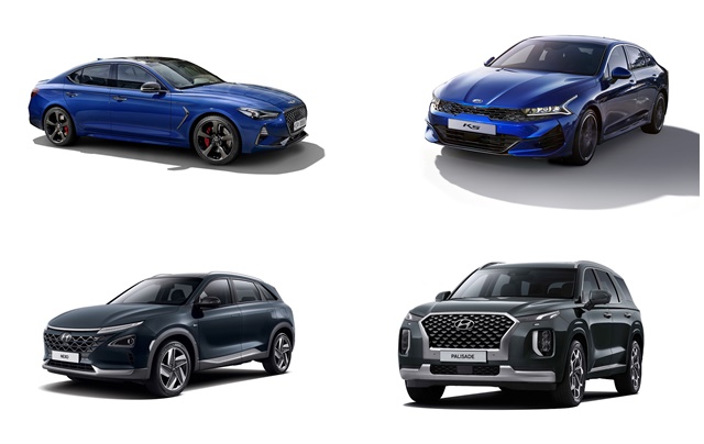 현대차그룹 17개 차종이 IIHS)가 24일(현지시각) 발표한 충돌 평가에서 안전성을 입증했다. 제네시스 G70, 기아 K5, 현대차 팰리세이드, 넥쏘(왼쪽 위부터 시계방향) /현대차그룹 제공