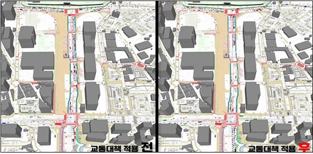 서울시가 광화문광장 동측도로 양방향 통행을 교통 시뮬레이션 프로그램으로 분석한 결과다. /서울시 제공