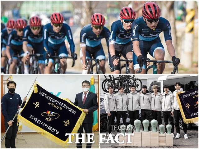 LX사이클팀이 제68회 3‧1절 기념 강진투어 전국도로사이클대회 남자일반부 단체종합에서 우승 후 기념촬영을 하고 있다. /한국국토정보공사 제공