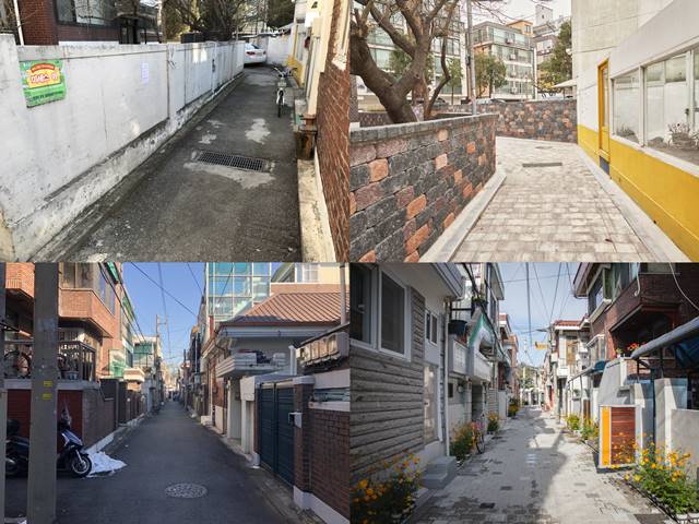 서울시는 낙후된 골목길을 개선 후 모습을 공개했다. 마포구 연남동 개선전과 개선후의 모습, 성동구 용답동 개선전과 개선후 모습(왼쪽 상단부터) /서울시 제공