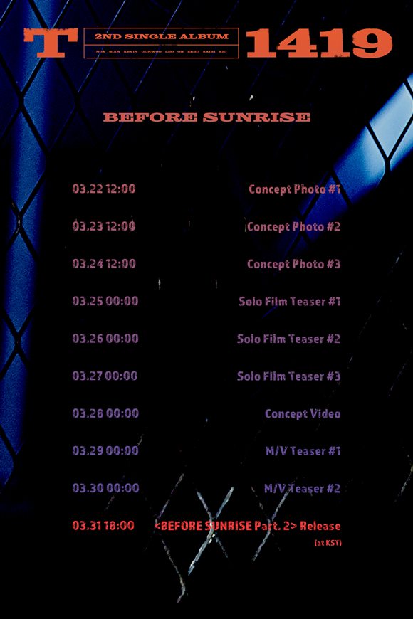 신인 보이그룹 T1419(티일사일구)가 오는 31일 발매될 2집 싱글 앨범 BEFORE SUNRISE Part. 2(비포 선라이즈 파트 2)의 컴백 스케줄러를 공개했다. /MLD엔터테인먼트 제공