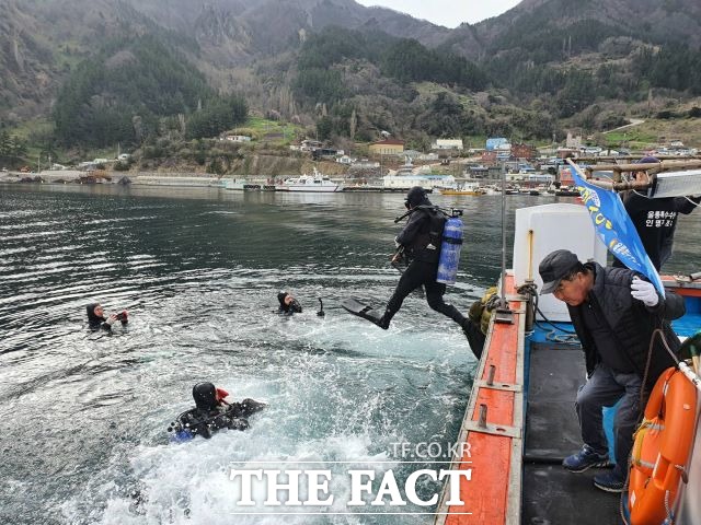 울릉특수수난인명구조대원들은 청정 울릉도 바다를 지키기위해 수중정화작업을 하고있다./울릉군 제공