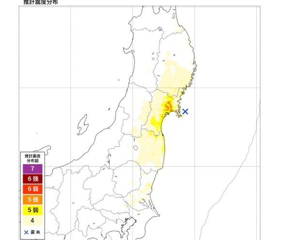 일본 도호쿠 지역에서 한 달 만에 또 한 번 6.9규모의 강진이 발생했다. 일본 기상청은 2011년 발생한 동일본 대지진의 여진으로 분석하고 있다. /일본 기상청