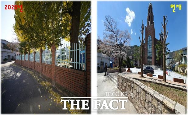 저전성당의 높은 담장으로 둘러싸여 보행동선이 단절된 예전 모습(왼편)과 주변환경을 정비한 이후 역사정원으로 개방된 모습이 대비를 이루고 있다. /순천시 제공