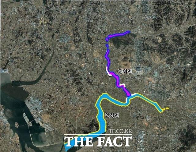 안성천, 진위천 낚시 금지구역(흰 선은 허용구간)/평택시 제공