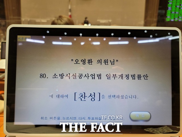 더불어민주당 오영환 의원(의정부시 갑)이 자신이 대표발의해 24일 국회 본회의를 통과한 소방시설공사업법 일부개정법률안 표결에서 찬성표를 던졌다. /오영환 의원실 제공
