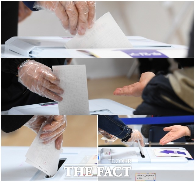 4.7 재보궐선거 사전투표 둘째날인 3일 오전 서울 광진구 자양3동 주민센터에 마련된 사전투표소에서 시민들이 투표를 하고 있다. /이새롬 기자
