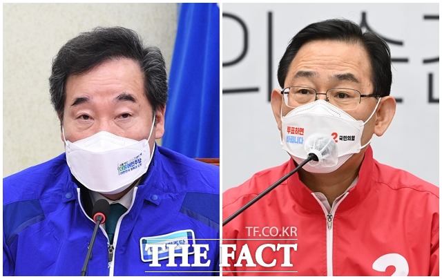 이낙연(왼쪽) 더불어민주당 상임선대위원장이 6일 CBS라디오 김현정의 뉴스쇼에 출연해 4·7 재보궐선거에서 민주당이 박빙 또는 승리할 것이라고 주장했다. 이에 주호영 국민의힘 원내대표는 희망사항을 말씀하신 것 같다고 말했다. /이새롬·남윤호 기자