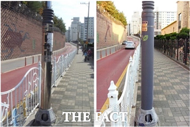 불법광고물 부착 방지시트 설치 전(왼쪽)과 후./청주시 제공