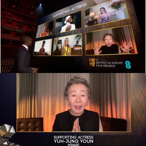 윤여정이 영국 아카데미 시상식에서 여우조연상 수상자로 호명됐다. 그는 내게 투표해주신 모든 분들께 감사하다고 소감을 밝혔다. /영국 아카데미 시상식 캡처