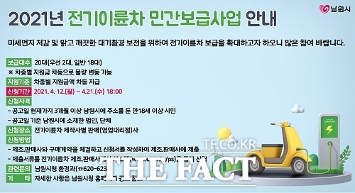 전북 남원시가 미세먼지 저감 및 쾌적한 대기환경 조성을 위해 전기이륜차 20대 보조금 민간보급 사업을 추진할 예정이다. /남원시 제공