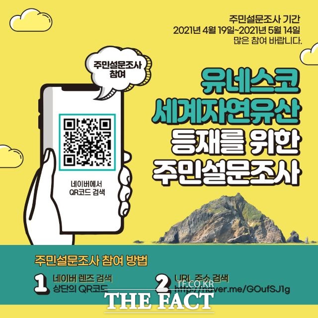 울릉군은 5월 14일까지 지역주민들을 대상으로 유네스코 세계 자연유산 등재 추진에 관한 설문조사를 실시한다고 19일 밝혔다. /울릉군 제공