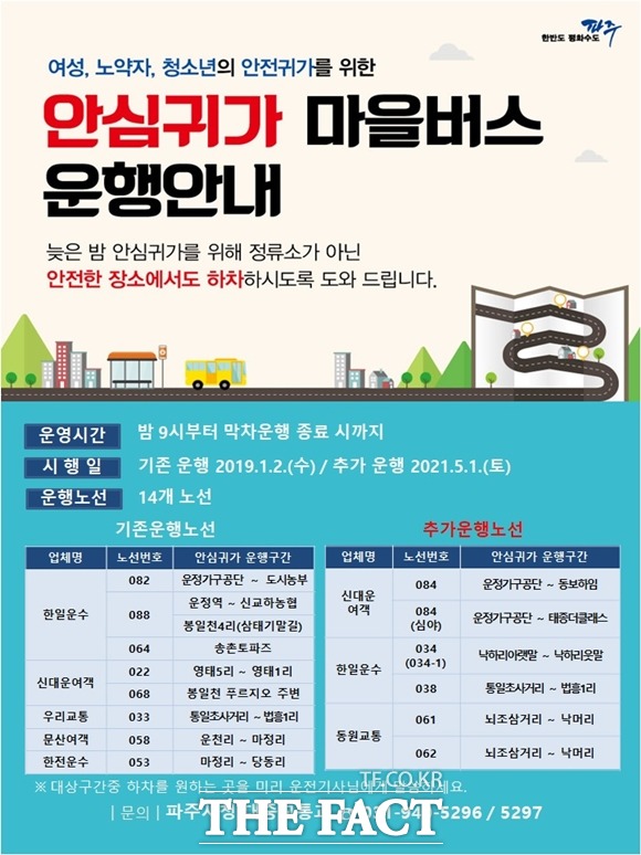 파주시는 심야시간대 대중교통을 이용하는 시민들이 안전하게 귀가할 수 있도록 하는 ’안심귀가 마을버스‘를 다음 달 1일부터 14개 노선으로 확대 운영한다./파주시 제공