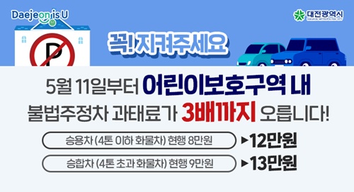 5월 11일부터 어린이보호구역 내 불법 주정차 위반 과태료가 3배 오른다. /대전시 제공 카드뉴스