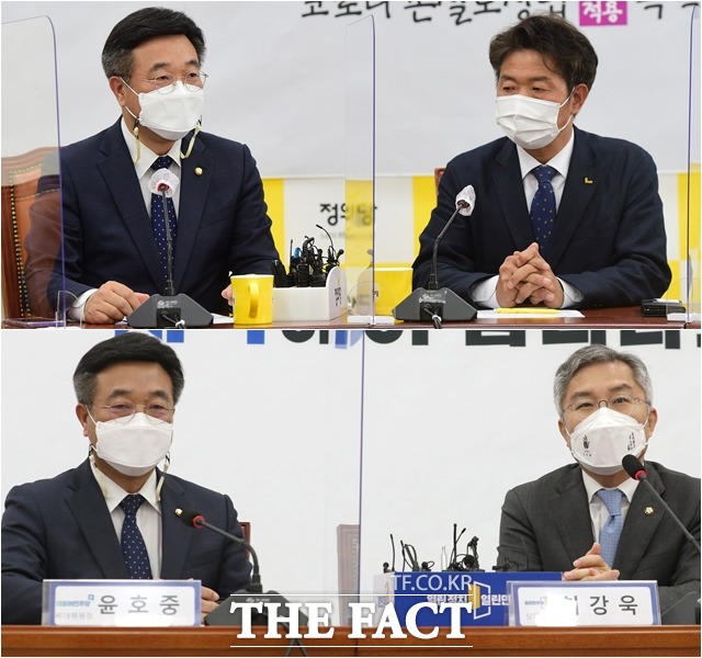 윤호중 더불어민주당 신임 비상대책위원장 겸 원내대표(왼쪽)가 22일 오전 서울 여의도 국회에서 여영국 정의당 대표(위 사진에서 오른쪽)와 최강욱 열린민주당 대표를 예방해 인사를 나누고 있다. /국회=남윤호 기자