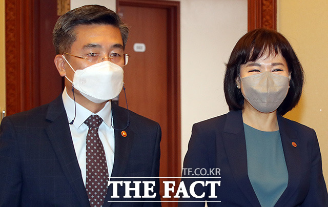 회의 참석하는 서욱 국방부 장관(왼쪽)과 전현희 국민권익위원장.