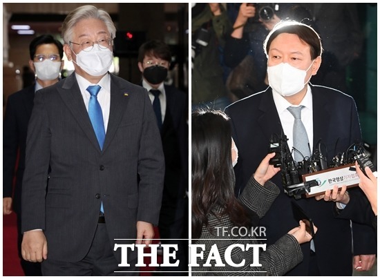 차기 대선주자 양자 대결에서 윤석열 전 검찰총장이 이재명 경기지사보다 8.3%포인트 앞섰다는 여론조사 결과가 나왔다. /남윤호·이동률 기자