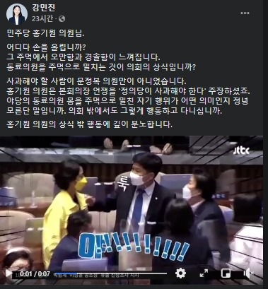 강 대표는 홍 의원도 사과해야 한다고 비판했다. /강민진 대표 페이스북 갈무리