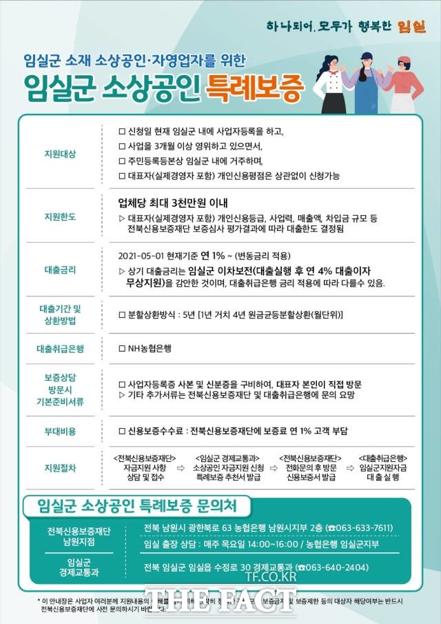 전북 임실군이 코로나19 장기화로 어려움을 겪고 있는 관내 소상공인에 도움을 주고자 소상공인 금융지원사업 대상자의 신용등급 기준을 기존 3등급 이하에서 전 등급으로 확대한다고 21일 밝혔다. /임실군 제공