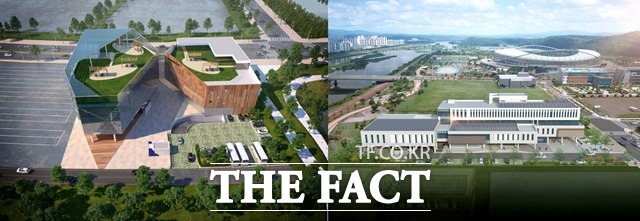 진주혁신도시만의 특화된 복화문화도서관(왼쪽) 건립과 혁신 컨트롤 타워 역할을 할 복합혁신센터(오른쪽)조감도/진주시 제공