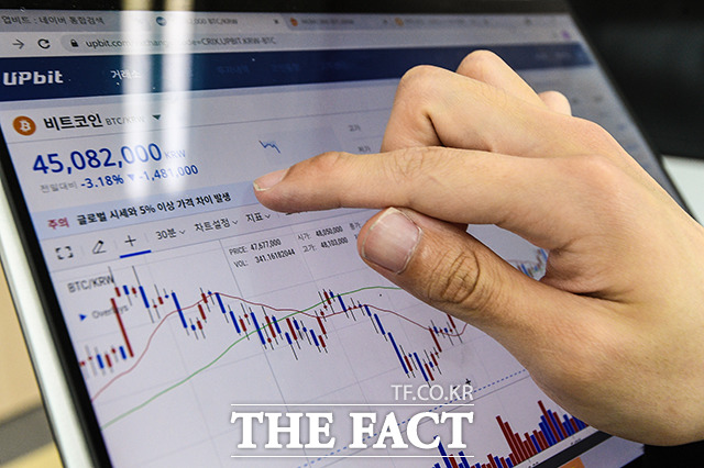 29일 가상화자산 거래소 빗썸에 따르면 이날 오후 5시 30분경 비트코인은 24시간 전 대비 1.71% 내린 4379만1000원에 거래 중이다. /이동률 기자