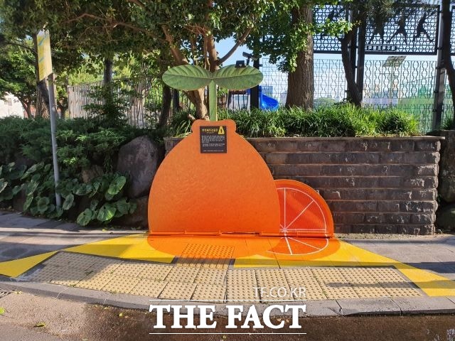 제주특별자치도 자치경찰단은 제주형 어린이 통학로 조성사업의 일환으로 3개교(아라초, 제주북초, 안덕초)를 선정해 안전제주감귤존을 시범 설치해 운영하고 있다고 밝혔다. / 제주도 제공