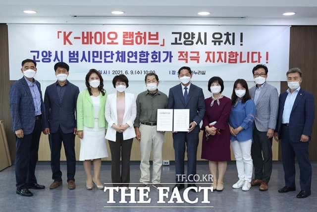 고양시 통장협의회를 비롯 고양YWCA, 고양시새마을회, 고양시민회, 고양시여성단체협의회, 대한적십자사봉사회 고양시지구협의회, 민주평화통일자문회의 고양시협의회, 바르게살기운동 고양시협의회, 한국자유총연맹 고양시지회 등 9개 단체로 구성된 범시민단체연합회가 K-바이오 랩허브 유치를 위헤 나섰다./고양시 제공