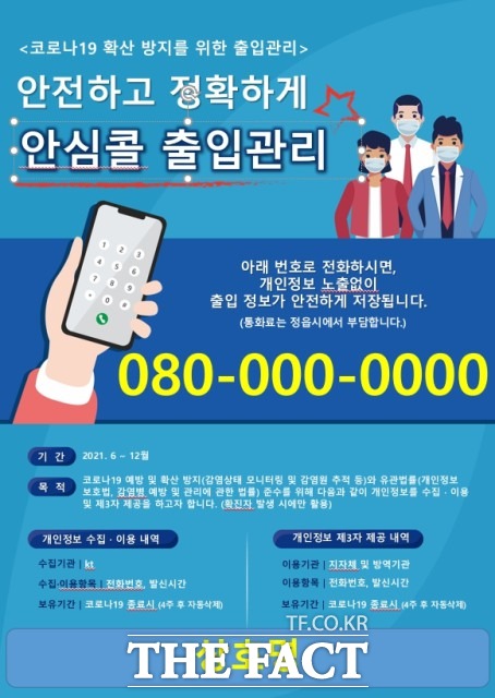 안심콜 서비스는 시설 방문자가 본인의 휴대폰을 이용해 해당 시설에 부여된 번호로 전화하면 자동으로 방문자의 전화번호와 방문일시가 저장되는 방식이다. 수기 명부 작성을 꺼리거나 QR코드를 사용하지 못하는 디지털 취약 계층의 불편을 크게 해소할 수 있다. / 정읍시 제공