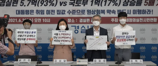 경실련이 23일 오전 서울 종로구 경실련 강당에서 서울 아파트값 상승 관련 기자 회견을 진행하고 있다. /유튜브 영상 캡처