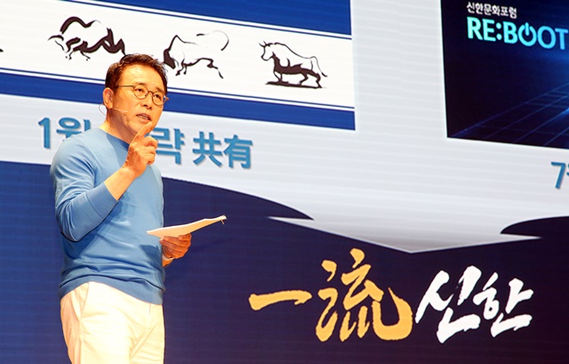 신한금융그룹은 7일 조용병 회장을 비롯한 그룹사 CEO 및 임원, 본부장이 온라인으로 참여한 가운데 제1회 신한문화포럼을 개최했다. 이날 행사에서 조용병 회장이 RE:BOOT 신한, 어떻게 해야 하는가?를 주제로 강연을 하고 있다. /신한금융그룹 제공