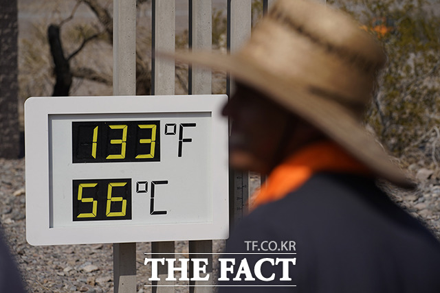 11일(현지시간) 미국 캘리포니아 데스밸리 국립공원에 설치된 온도계가 섭씨 56도를 기록하고 있다. /캘리포니아=AP.뉴시스