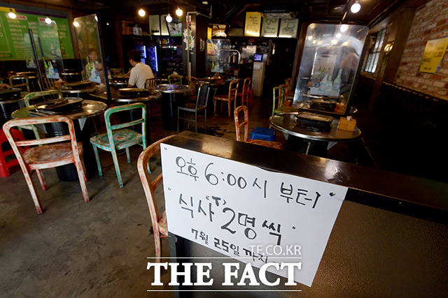 수도권 거리두기 4단계 조치가 내려진 후 첫 주말인 18일 오후 서울 마포구 홍대입구역 인근 한 음식점이 한산한 모습을 보이고 있다. /이선화 기자