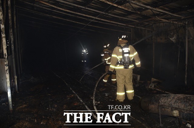 청양 한 양계장에서 불이나 소방대원들이 화재 진화를 하고 있다. / 청양소방서 제공