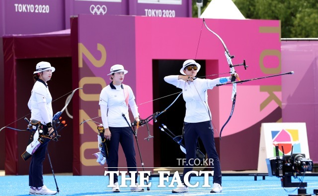 한국 여자 양궁 대표팀이 2020 도쿄올림픽 여자 양궁 단체전에서 결승 진출에 성공했다. /도쿄=뉴시스