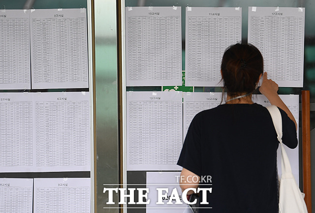 지난해 제2회 초·중·고졸 학력인정 검정고시가 치러진 한 고사장에서 한 응시생이 자리를 확인하고 있다. / 더팩트DB