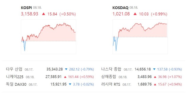 코스닥 지수는 전날보다 10.03포인트(+0.99%) 오른 1021.08로 장을 종료했다. /네이버 캡처