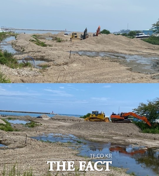 포항시가 주먹구구 행정으로 면 소재지에서 발생한 토사를 양포리 수성천 하구에 버렸다가 다시 치워야하는 웃지못할 상황이 발생했다. 장기면 양포리 수성천 하구에 토사가 쌓여있다./포항=오주섭기자