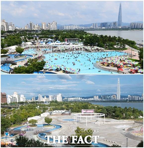 지난 2019년 여름 많은 이용객들로 붐볐던 뚝섬한강공원 수영장의 모습(위)과 올해 개장을 못 한 모습이 대비된다.