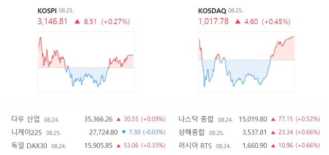 코스닥 지수도 전일 대비 4.60포인트(0.45%) 오른 1017.78로 장을 마쳤다. /네이버 캡처