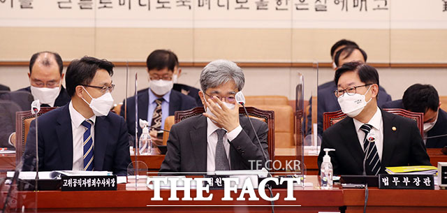 법제사법위원회 전체회의에 출석한 김진욱 공수처장, 김상환 법원행정처장, 박범계 법무부 장관(왼쪽부터).